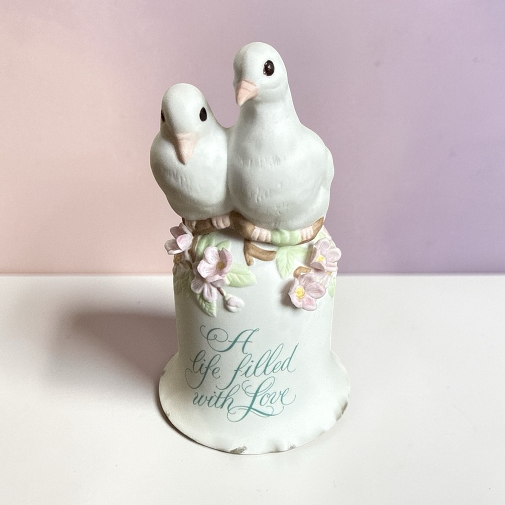 Porcelain White Love Birds Figurine with Pink Flowers Bell